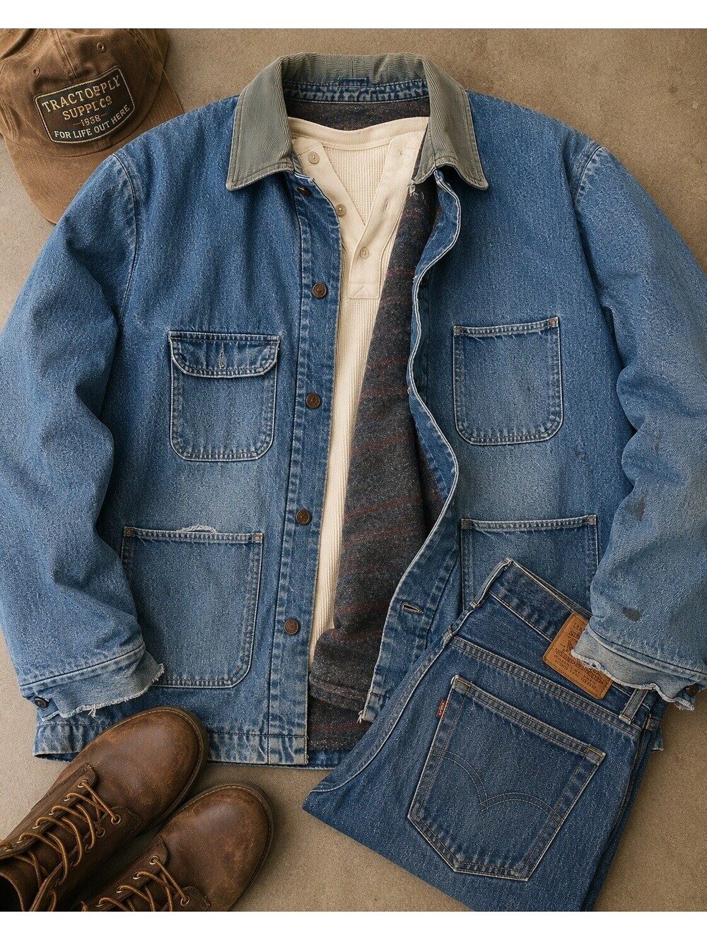 Vintage Blanket Lined Denim Chore Coat | Corduroy Collar | Workwear Barn XL